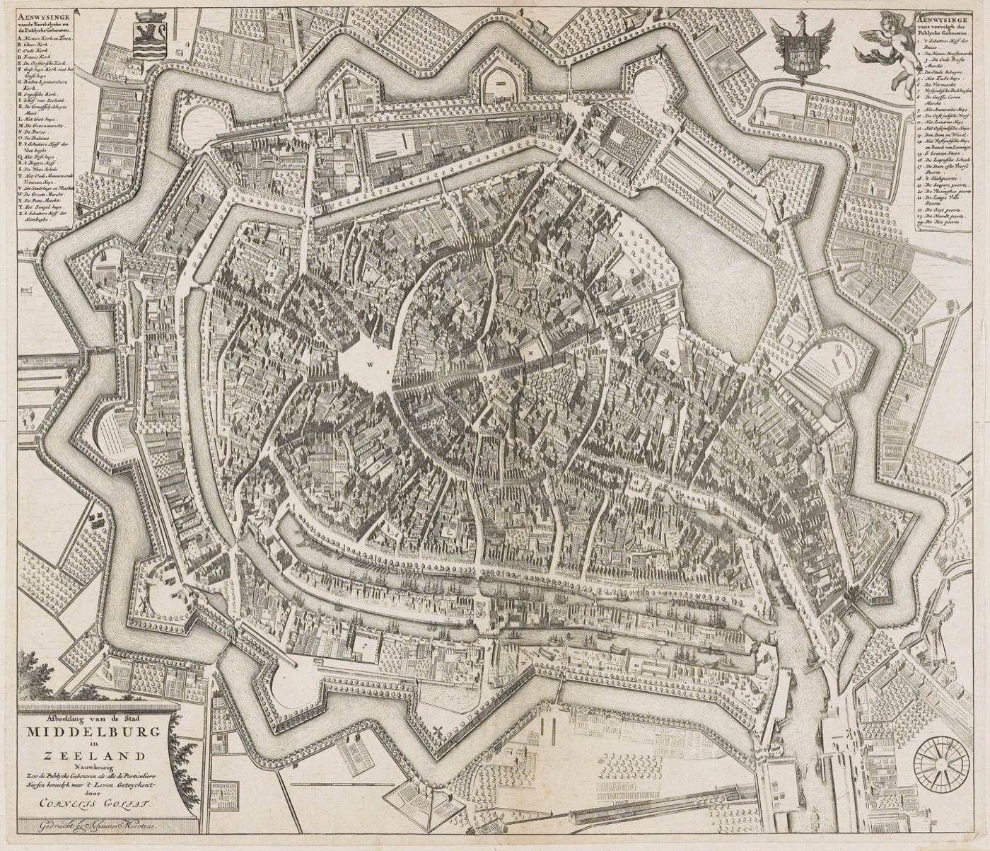 Historische plattegrond van Middelburg met de vestingwerken en de binnenstad